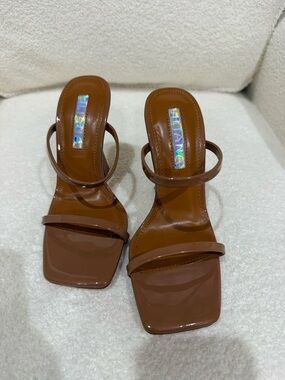 Liliana Brown Patent Strappy Square-Toe Heeled Sandals